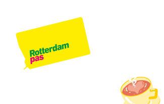 Illustraties van de Rotterdam pas en een kop koffie met het onderschrift Plezier je dag